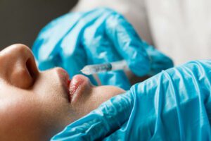 A woman makes lip shape correction in a cosmetology clinic. Lips injections, lip augmentation