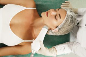 Woman during radiofrequency lifting treatment in a medical aesthetic clinic